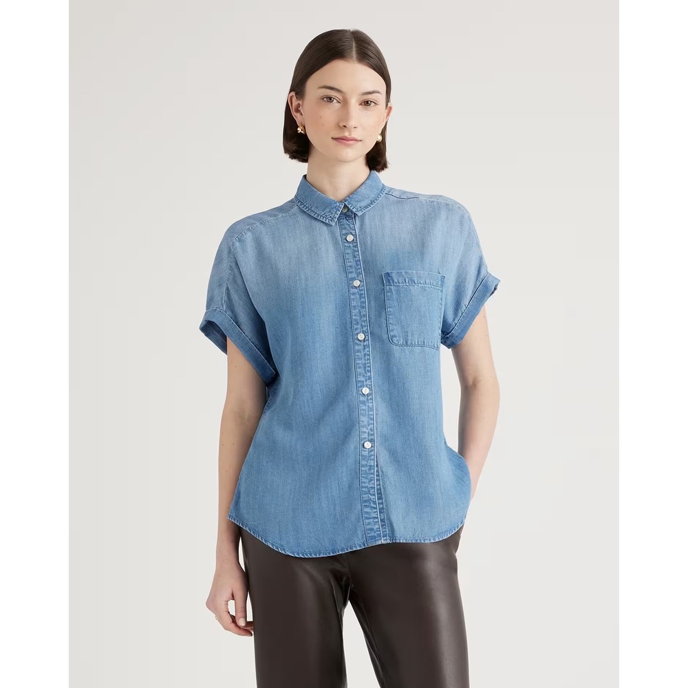 Quince Chambray Tencel Short Sleeve Shirt Light Wash Blue Button Down Medium